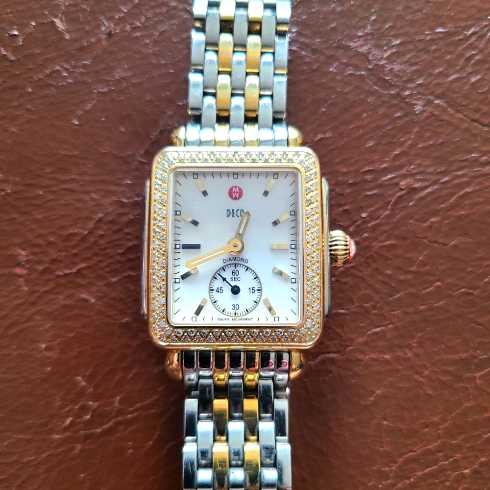 Michele Watch with Diamond Bezel, Mother of Pearl Face and Stainless Steel Band